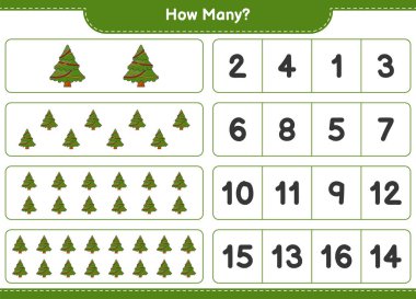 Oyun sayıyorum, kaç Noel Ağacı var. Eğitimsel çocuk oyunu, yazdırılabilir çalışma tablosu, vektör illüstrasyonu