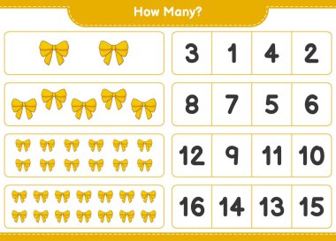 Maç sayısı, kaç kurdele. Eğitimsel çocuk oyunu, yazdırılabilir çalışma tablosu, vektör illüstrasyonu