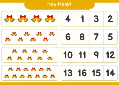 Oyun sayıyorum, kaç tane Noel Çanı var. Eğitimsel çocuk oyunu, yazdırılabilir çalışma tablosu, vektör illüstrasyonu