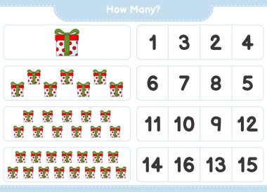 Sayma oyunu, kaç tane hediye kutusu var. Eğitimsel çocuk oyunu, yazdırılabilir çalışma tablosu, vektör illüstrasyonu