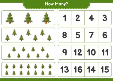 Oyun sayıyorum, kaç Noel Ağacı var. Eğitimsel çocuk oyunu, yazdırılabilir çalışma tablosu, vektör illüstrasyonu