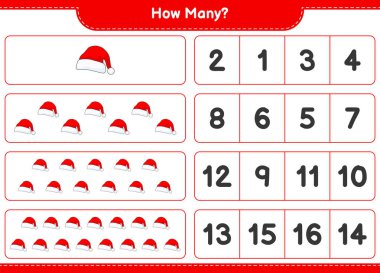 Oyun sayıyorum, kaç tane Noel Baba şapkası var? Eğitimsel çocuk oyunu, yazdırılabilir çalışma tablosu, vektör illüstrasyonu