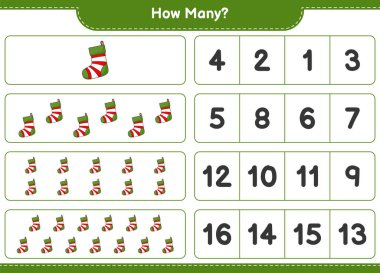 Maç sayıyorum, kaç tane Noel Çorabı. Eğitimsel çocuk oyunu, yazdırılabilir çalışma tablosu, vektör illüstrasyonu