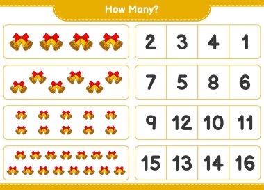 Oyun sayıyorum, kaç tane Noel Çanı var. Eğitimsel çocuk oyunu, yazdırılabilir çalışma tablosu, vektör illüstrasyonu