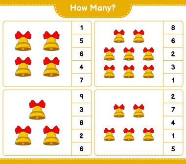Oyun sayıyorum, kaç tane Noel Çanı var. Eğitimsel çocuk oyunu, yazdırılabilir çalışma tablosu, vektör illüstrasyonu