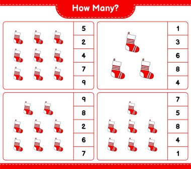 Maç sayıyorum, kaç tane Noel Çorabı. Eğitimsel çocuk oyunu, yazdırılabilir çalışma tablosu, vektör illüstrasyonu