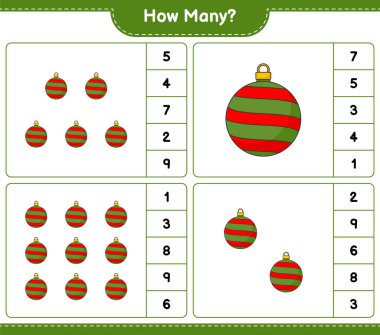 Maç sayıyorum, kaç tane Noel Balosu. Eğitimsel çocuk oyunu, yazdırılabilir çalışma tablosu, vektör illüstrasyonu