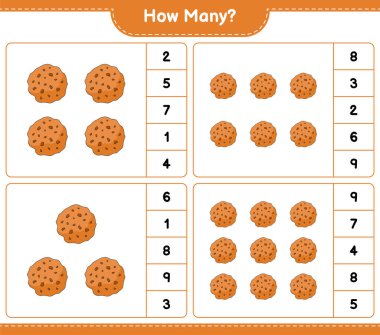 Oyun sayıyorum, kaç tane Cookie. Eğitimsel çocuk oyunu, yazdırılabilir çalışma tablosu, vektör illüstrasyonu