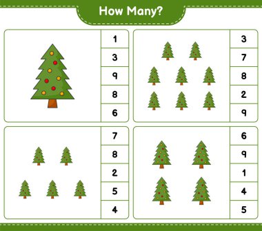 Oyun sayıyorum, kaç Noel Ağacı var. Eğitimsel çocuk oyunu, yazdırılabilir çalışma tablosu, vektör illüstrasyonu