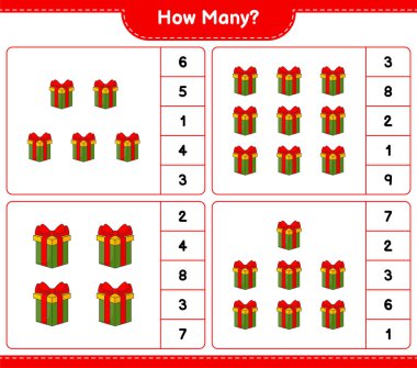 Sayma oyunu, kaç tane hediye kutusu var. Eğitimsel çocuk oyunu, yazdırılabilir çalışma tablosu, vektör illüstrasyonu
