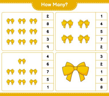 Maç sayısı, kaç kurdele. Eğitimsel çocuk oyunu, yazdırılabilir çalışma tablosu, vektör illüstrasyonu