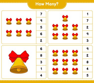 Oyun sayıyorum, kaç tane Noel Çanı var. Eğitimsel çocuk oyunu, yazdırılabilir çalışma tablosu, vektör illüstrasyonu