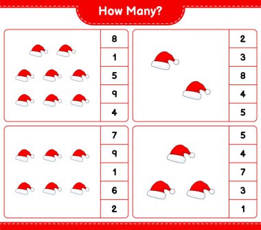Oyun sayıyorum, kaç tane Noel Baba şapkası var? Eğitimsel çocuk oyunu, yazdırılabilir çalışma tablosu, vektör illüstrasyonu
