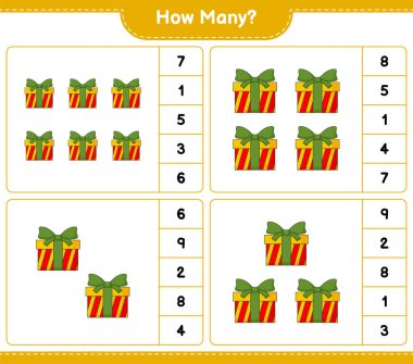 Sayma oyunu, kaç tane hediye kutusu var. Eğitimsel çocuk oyunu, yazdırılabilir çalışma tablosu, vektör illüstrasyonu