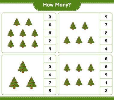 Oyun sayıyorum, kaç Noel Ağacı var. Eğitimsel çocuk oyunu, yazdırılabilir çalışma tablosu, vektör illüstrasyonu