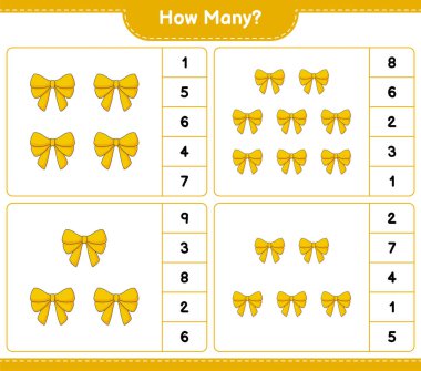 Maç sayısı, kaç kurdele. Eğitimsel çocuk oyunu, yazdırılabilir çalışma tablosu, vektör illüstrasyonu