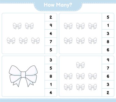 Maç sayısı, kaç kurdele. Eğitimsel çocuk oyunu, yazdırılabilir çalışma tablosu, vektör illüstrasyonu