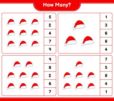 Oyun sayıyorum, kaç tane Noel Baba şapkası var? Eğitimsel çocuk oyunu, yazdırılabilir çalışma tablosu, vektör illüstrasyonu
