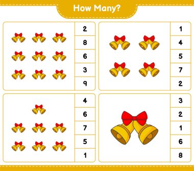 Oyun sayıyorum, kaç tane Noel Çanı var. Eğitimsel çocuk oyunu, yazdırılabilir çalışma tablosu, vektör illüstrasyonu