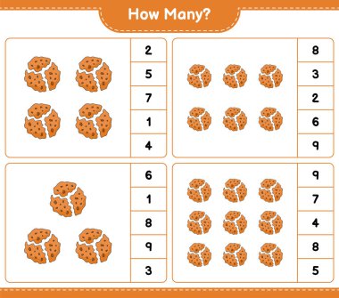 Oyun sayıyorum, kaç tane Cookie. Eğitimsel çocuk oyunu, yazdırılabilir çalışma tablosu, vektör illüstrasyonu