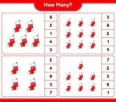 Maç sayıyorum, kaç tane Noel Çorabı. Eğitimsel çocuk oyunu, yazdırılabilir çalışma tablosu, vektör illüstrasyonu