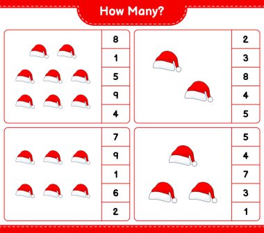 Oyun sayıyorum, kaç tane Noel Baba şapkası var? Eğitimsel çocuk oyunu, yazdırılabilir çalışma tablosu, vektör illüstrasyonu