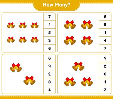 Oyun sayıyorum, kaç tane Noel Çanı var. Eğitimsel çocuk oyunu, yazdırılabilir çalışma tablosu, vektör illüstrasyonu