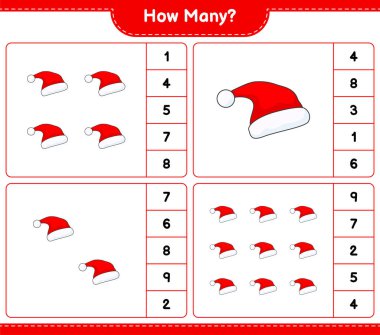 Oyun sayıyorum, kaç tane Noel Baba şapkası var? Eğitimsel çocuk oyunu, yazdırılabilir çalışma tablosu, vektör illüstrasyonu