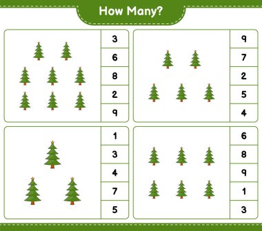 Oyun sayıyorum, kaç Noel Ağacı var. Eğitimsel çocuk oyunu, yazdırılabilir çalışma tablosu, vektör illüstrasyonu