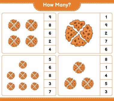 Oyun sayıyorum, kaç tane Cookie. Eğitimsel çocuk oyunu, yazdırılabilir çalışma tablosu, vektör illüstrasyonu