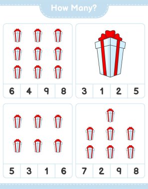 Sayma oyunu, kaç tane hediye kutusu var. Eğitimsel çocuk oyunu, yazdırılabilir çalışma tablosu, vektör illüstrasyonu