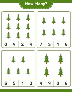 Oyun sayıyorum, kaç Noel Ağacı var. Eğitimsel çocuk oyunu, yazdırılabilir çalışma tablosu, vektör illüstrasyonu