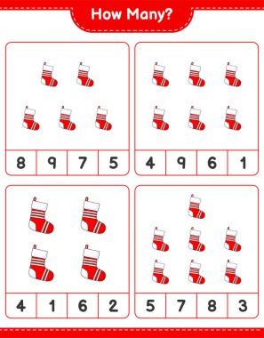 Maç sayıyorum, kaç tane Noel Çorabı. Eğitimsel çocuk oyunu, yazdırılabilir çalışma tablosu, vektör illüstrasyonu
