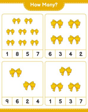 Maç sayısı, kaç kurdele. Eğitimsel çocuk oyunu, yazdırılabilir çalışma tablosu, vektör illüstrasyonu