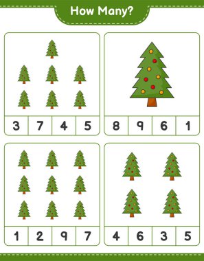 Oyun sayıyorum, kaç Noel Ağacı var. Eğitimsel çocuk oyunu, yazdırılabilir çalışma tablosu, vektör illüstrasyonu
