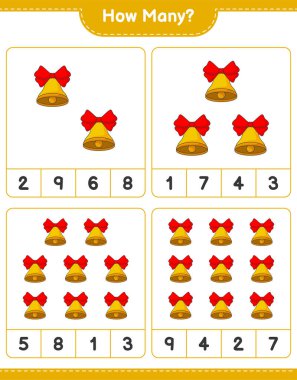 Oyun sayıyorum, kaç tane Noel Çanı var. Eğitimsel çocuk oyunu, yazdırılabilir çalışma tablosu, vektör illüstrasyonu