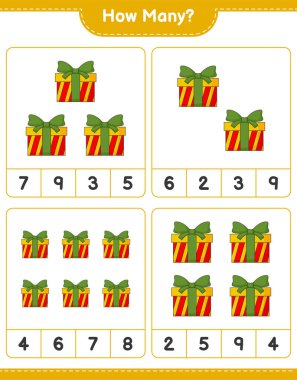 Sayma oyunu, kaç tane hediye kutusu var. Eğitimsel çocuk oyunu, yazdırılabilir çalışma tablosu, vektör illüstrasyonu