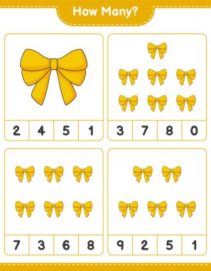 Maç sayısı, kaç kurdele. Eğitimsel çocuk oyunu, yazdırılabilir çalışma tablosu, vektör illüstrasyonu