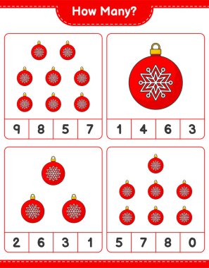 Maç sayıyorum, kaç tane Noel Balosu. Eğitimsel çocuk oyunu, yazdırılabilir çalışma tablosu, vektör illüstrasyonu