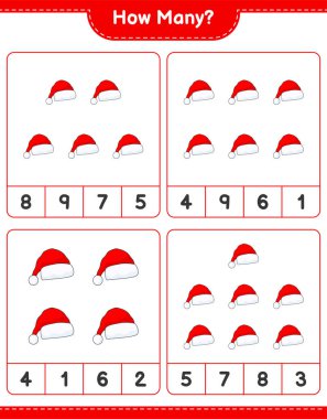 Oyun sayıyorum, kaç tane Noel Baba şapkası var? Eğitimsel çocuk oyunu, yazdırılabilir çalışma tablosu, vektör illüstrasyonu