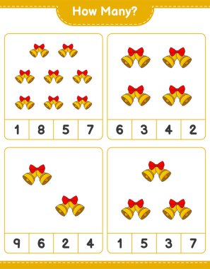 Oyun sayıyorum, kaç tane Noel Çanı var. Eğitimsel çocuk oyunu, yazdırılabilir çalışma tablosu, vektör illüstrasyonu
