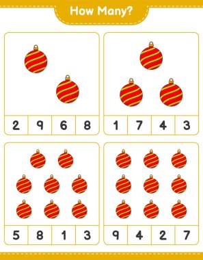Maç sayıyorum, kaç tane Noel Balosu. Eğitimsel çocuk oyunu, yazdırılabilir çalışma tablosu, vektör illüstrasyonu