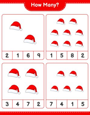 Oyun sayıyorum, kaç tane Noel Baba şapkası var? Eğitimsel çocuk oyunu, yazdırılabilir çalışma tablosu, vektör illüstrasyonu
