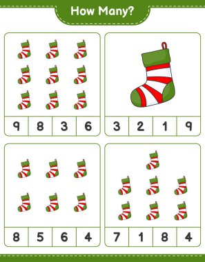Maç sayıyorum, kaç tane Noel Çorabı. Eğitimsel çocuk oyunu, yazdırılabilir çalışma tablosu, vektör illüstrasyonu