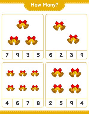 Oyun sayıyorum, kaç tane Noel Çanı var. Eğitimsel çocuk oyunu, yazdırılabilir çalışma tablosu, vektör illüstrasyonu