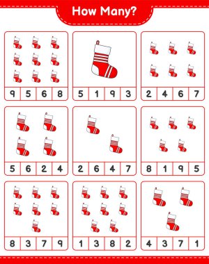 Maç sayıyorum, kaç tane Noel Çorabı. Eğitimsel çocuk oyunu, yazdırılabilir çalışma tablosu, vektör illüstrasyonu