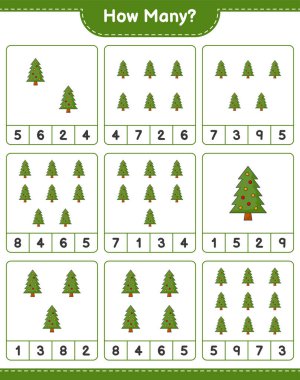 Oyun sayıyorum, kaç Noel Ağacı var. Eğitimsel çocuk oyunu, yazdırılabilir çalışma tablosu, vektör illüstrasyonu