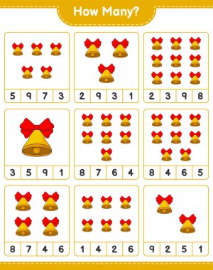 Oyun sayıyorum, kaç tane Noel Çanı var. Eğitimsel çocuk oyunu, yazdırılabilir çalışma tablosu, vektör illüstrasyonu