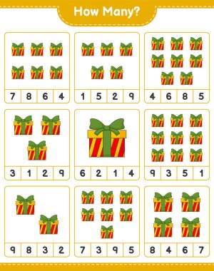 Sayma oyunu, kaç tane hediye kutusu var. Eğitimsel çocuk oyunu, yazdırılabilir çalışma tablosu, vektör illüstrasyonu