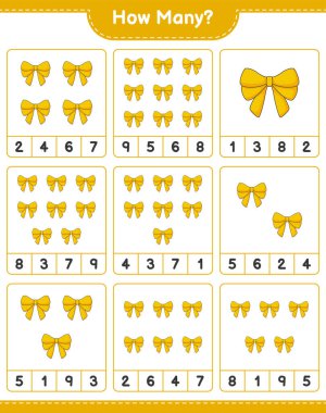 Maç sayısı, kaç kurdele. Eğitimsel çocuk oyunu, yazdırılabilir çalışma tablosu, vektör illüstrasyonu
